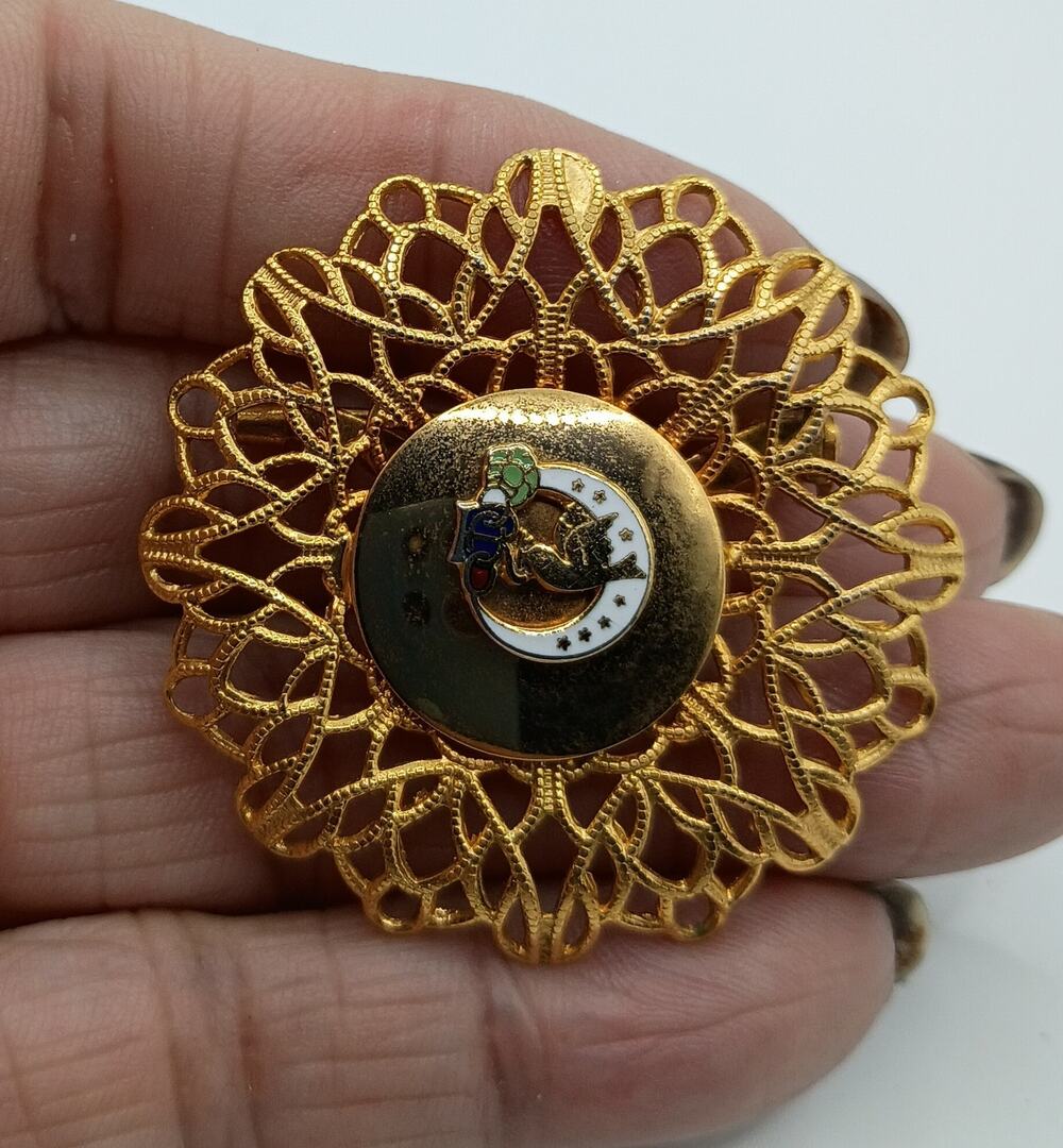 Vintage Gold-Tone Filigree Brooch with Enameled Fraternal Emblem